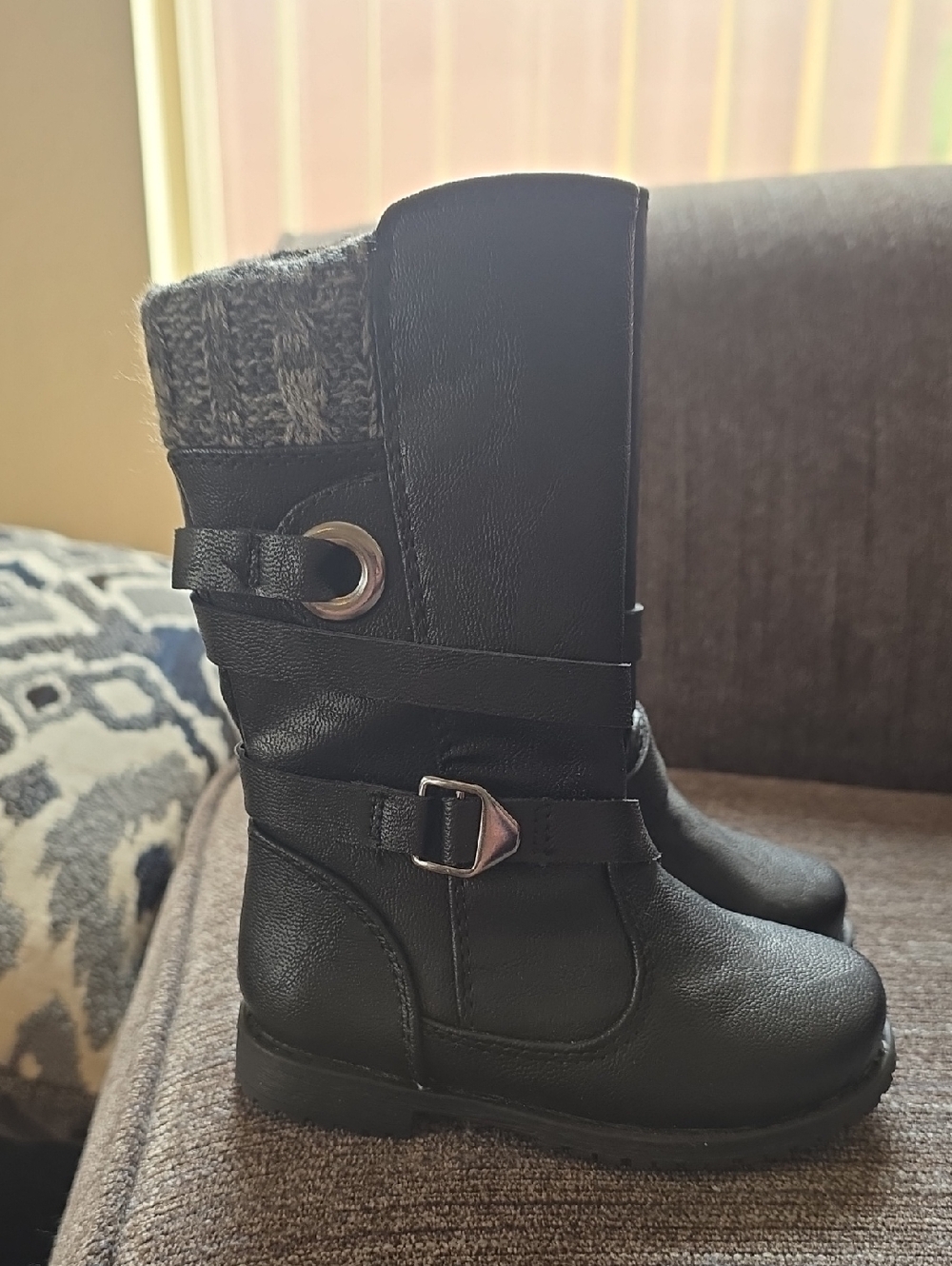 Brand NEW Toddler RACHEL Black Faux Leather Mid-Calf Boots W/Knit Cuff Size 5C